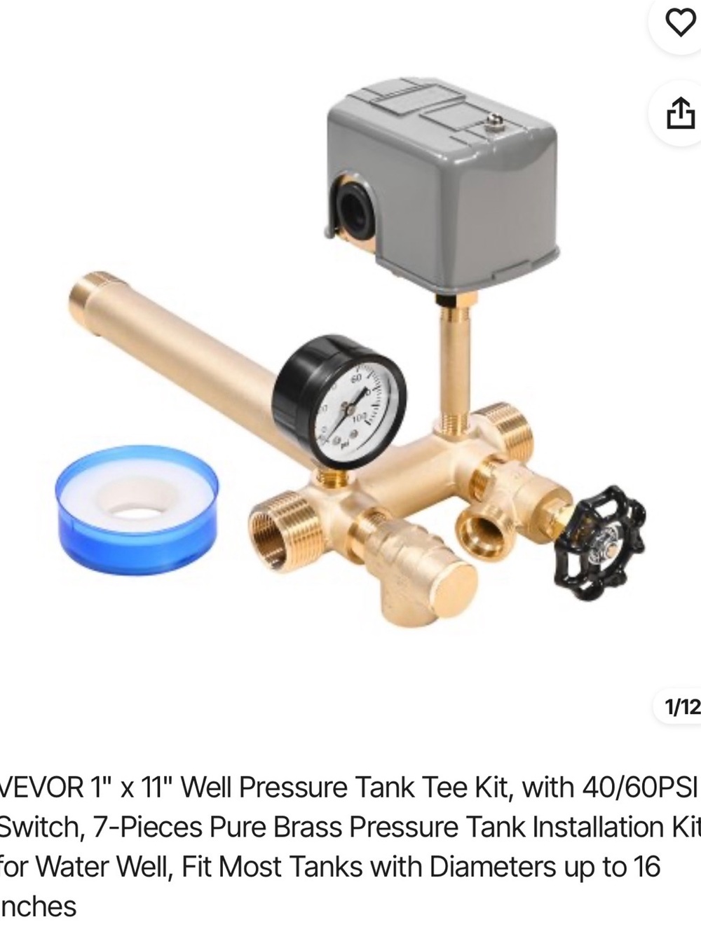 VEVOR 1” x 11” Well Tank Tee Kit, 40/60 PSI Switch, 7-pc Brass Install Kit